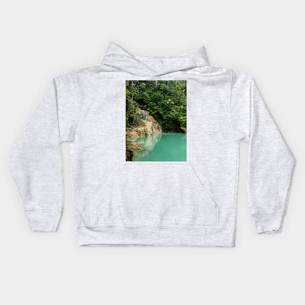 Rainforest waterfall with green lake Kids Hoodie by kall3bu